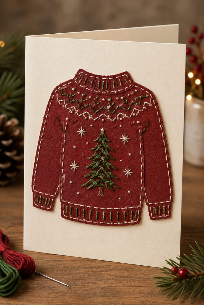 Stitched paper Christmas sweater card with embroidery floss passing through evenly spaced holes in cardstock.