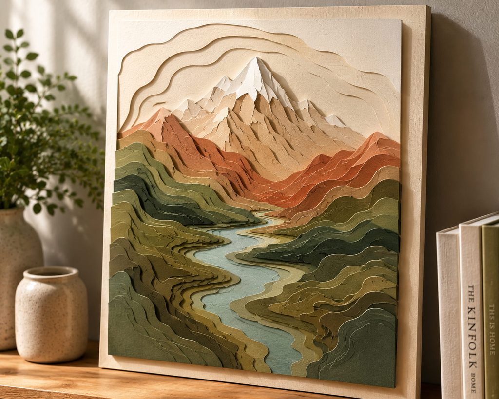 Stacked cardstock contour shapes forming a dimensional topographic landscape relief.
