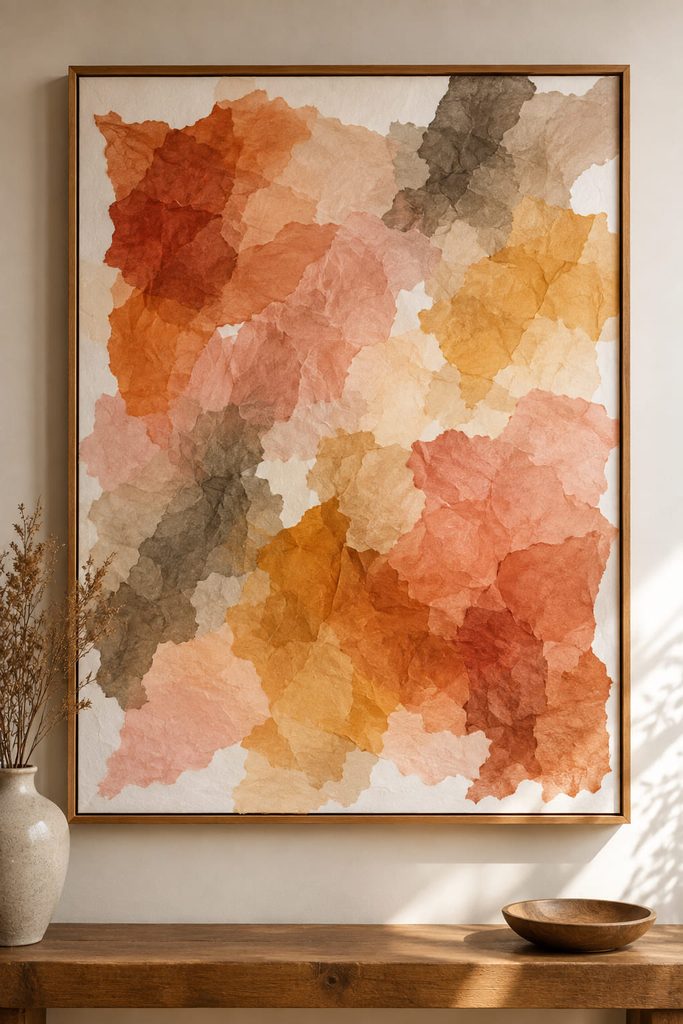 Framed abstract wall art made from overlapping torn tissue fragments in warm translucent colors.