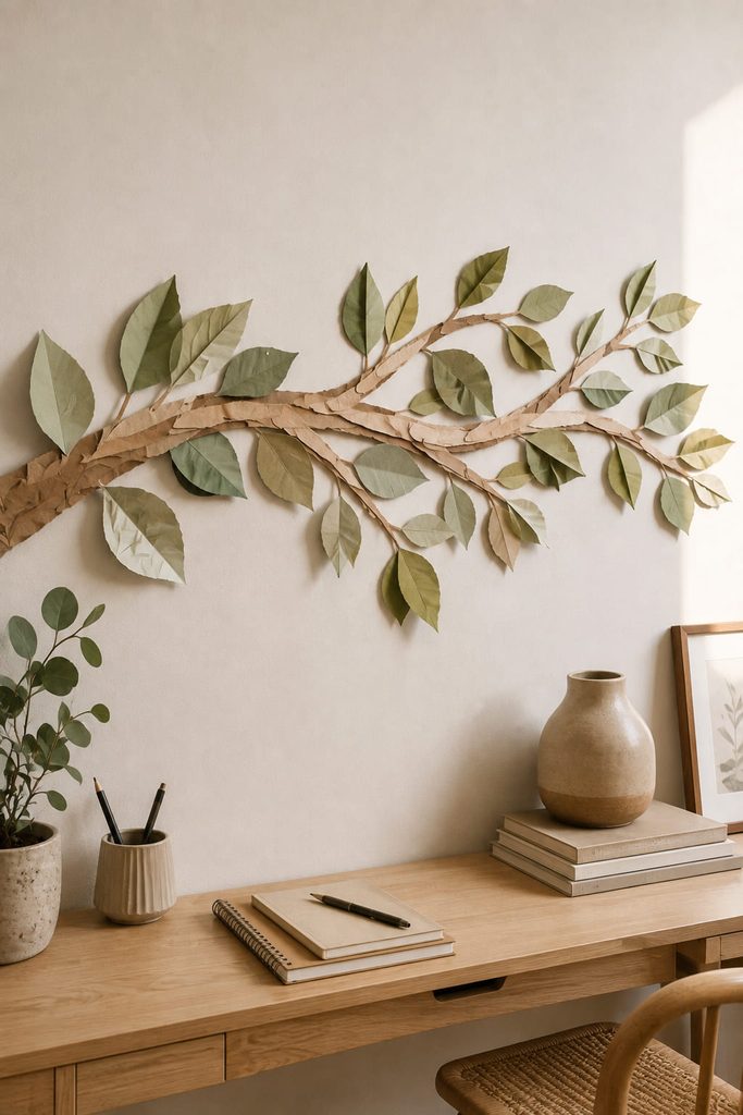 Long torn-paper botanical branch with raised leaves displayed above a narrow desk.
