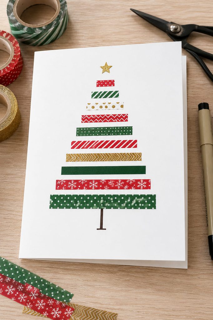 White Christmas card with red, green, and gold washi tape strips arranged as a simple tree.