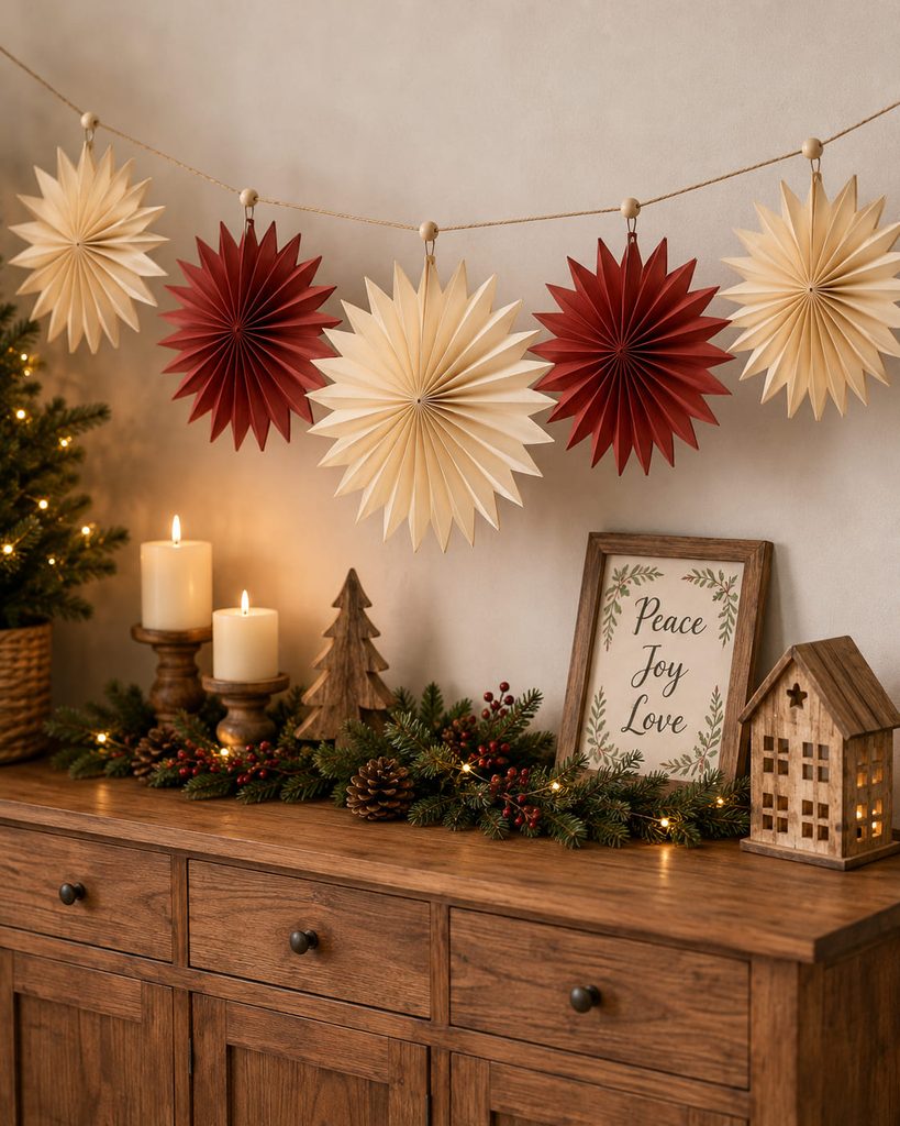 Accordion-fold paper fan stars hanging in a dimensional Christmas garland.