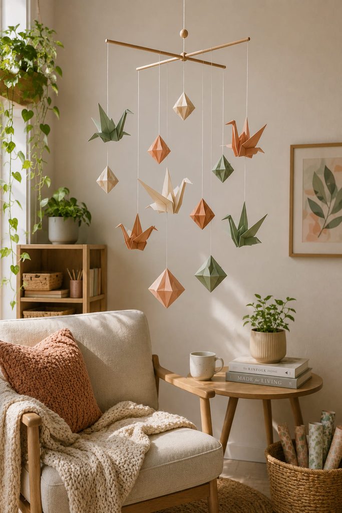 Balanced origami mobile with lightweight folded paper forms hanging above a reading corner.