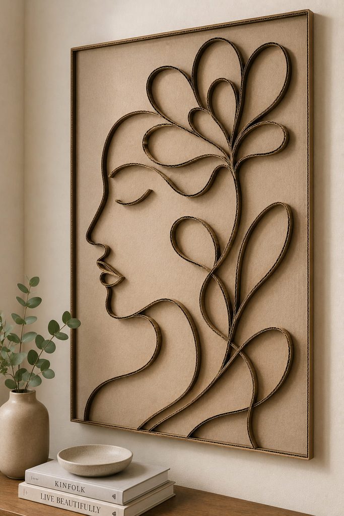 Curved cardboard strips mounted edge-on to create dimensional line art on a wall panel.