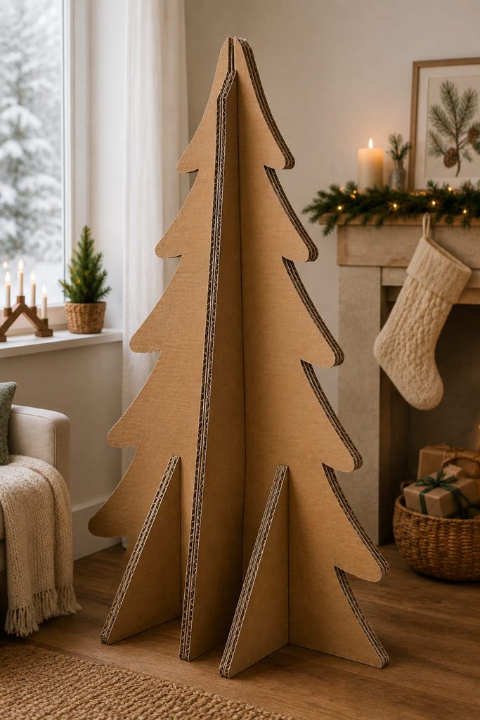 Floor-standing cardboard Christmas tree with visible rear triangular support braces.