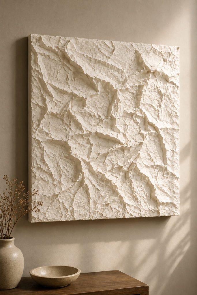 Monochrome crumpled tissue relief with broad plaster-like creases highlighted by side lighting.