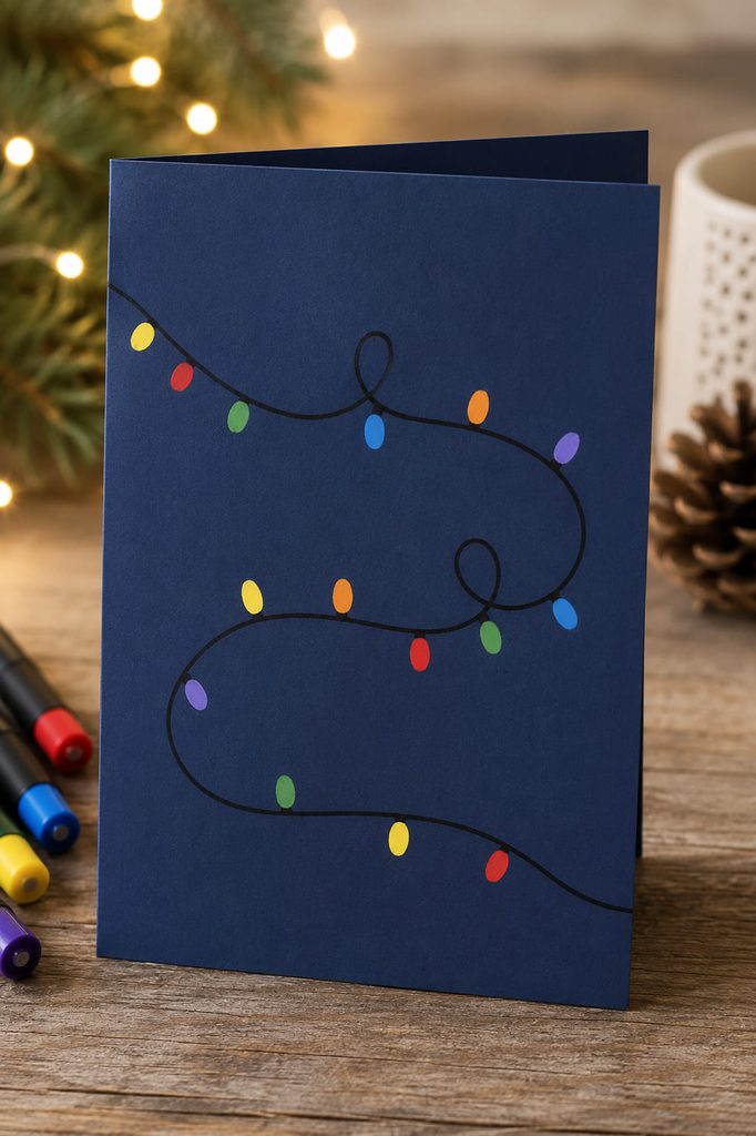 Dark navy Christmas card with a looping drawn cord and simple multicolor light dots.