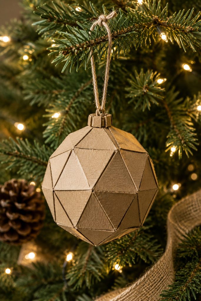 Faceted cardboard bauble ornament with scored polygon panels and a reinforced hanging loop.