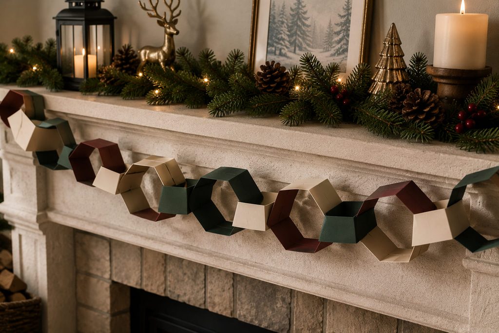 Faceted hexagonal paper links arranged along a Christmas fireplace mantel.