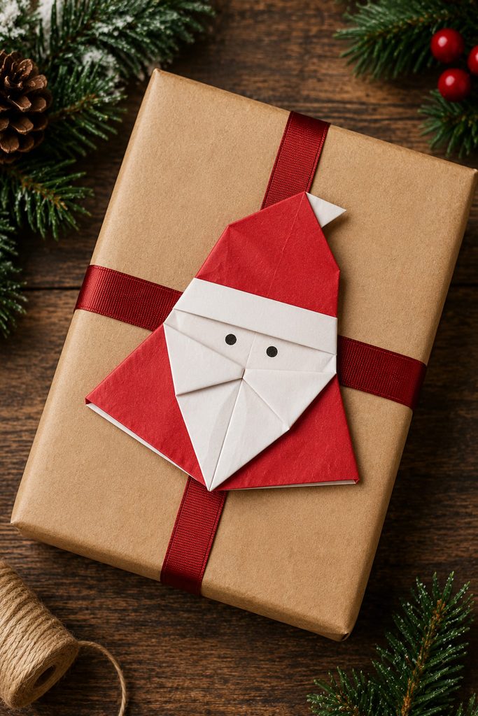 Flat red and white folded Santa used as a topper on a kraft-paper Christmas gift.