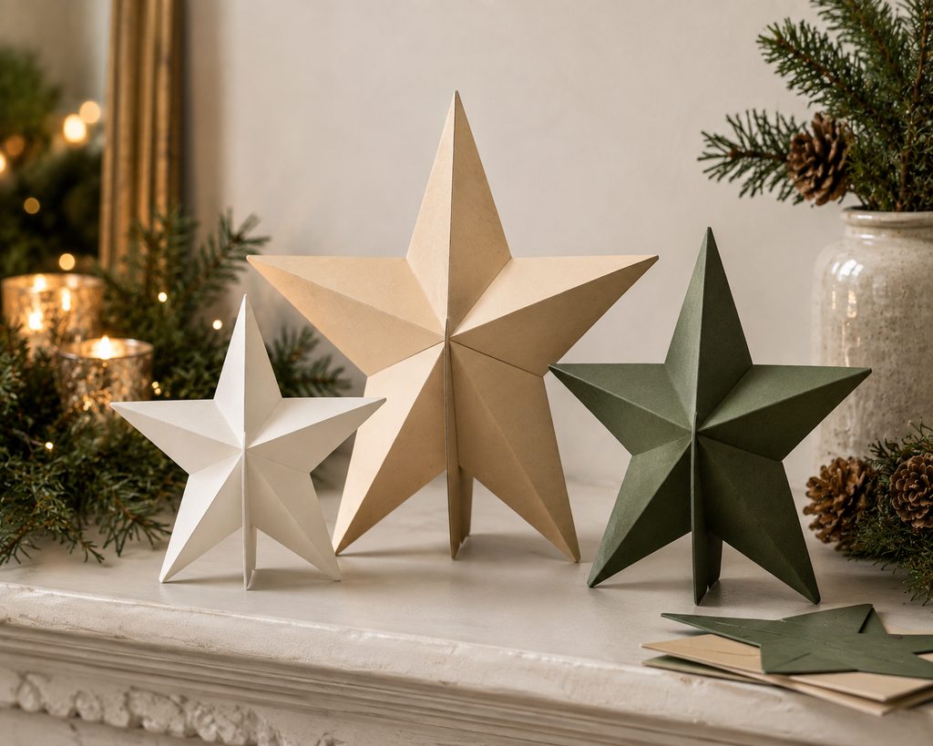 Freestanding interlocking cardstock stars displayed on a holiday mantel.