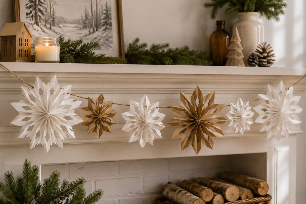 Mini treat-bag snowflake garland spaced along cord above a simple winter mantel.