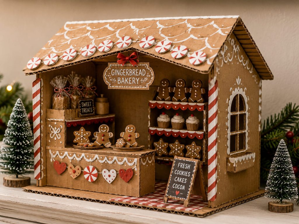 Open-front cardboard gingerbread bakery display with a miniature counter and shelves inside the house shell.