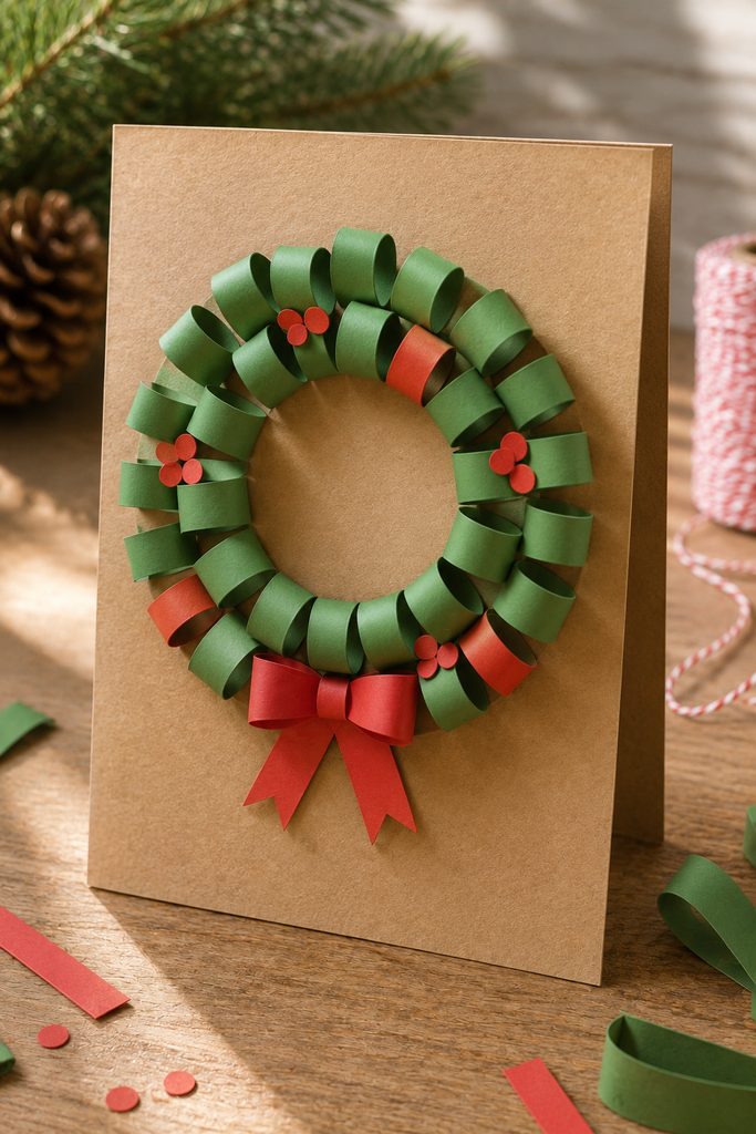 Small Christmas wreath built from raised green paper loops on a kraft card.