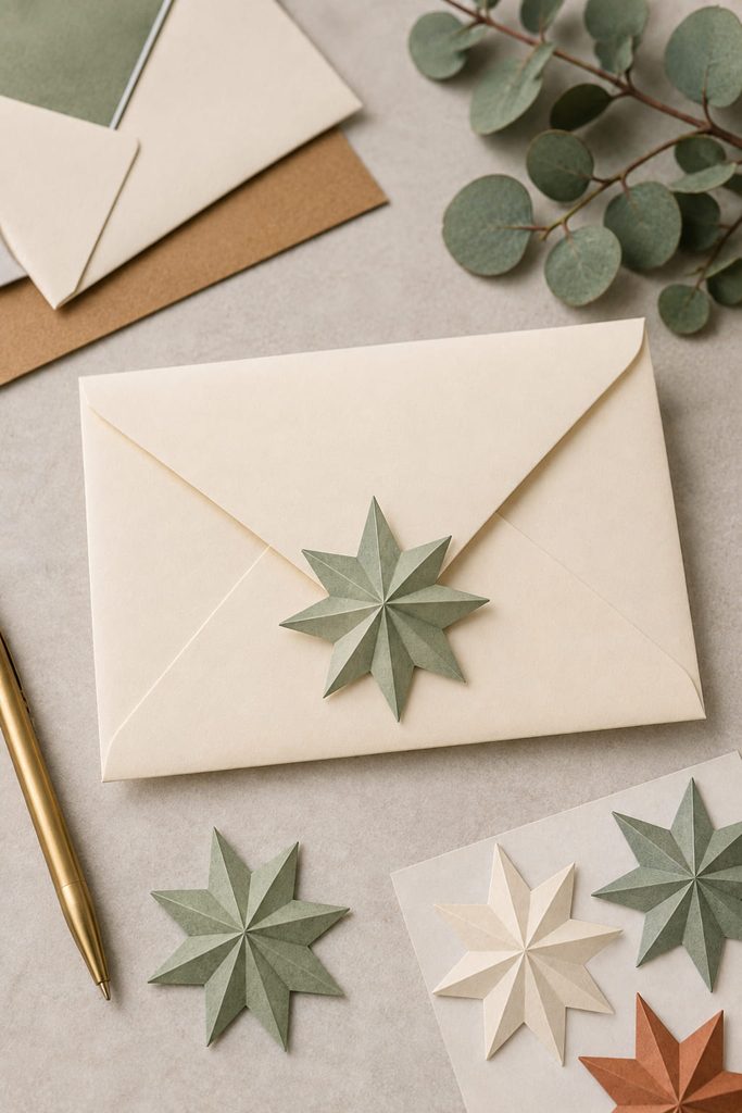 Flat paper star used as a decorative seal across the flap of a cream envelope.