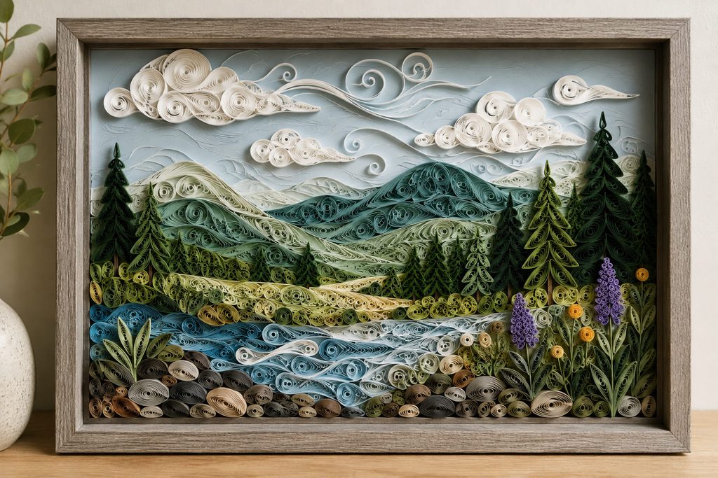 Quilled paper landscape built from coils, teardrops, and open scrolls inside a simple frame.