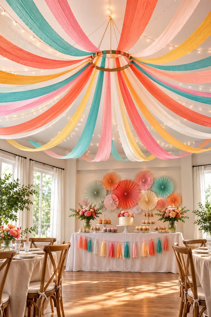Pastel crepe paper streamers radiating across a ceiling from a centered hanging ring.