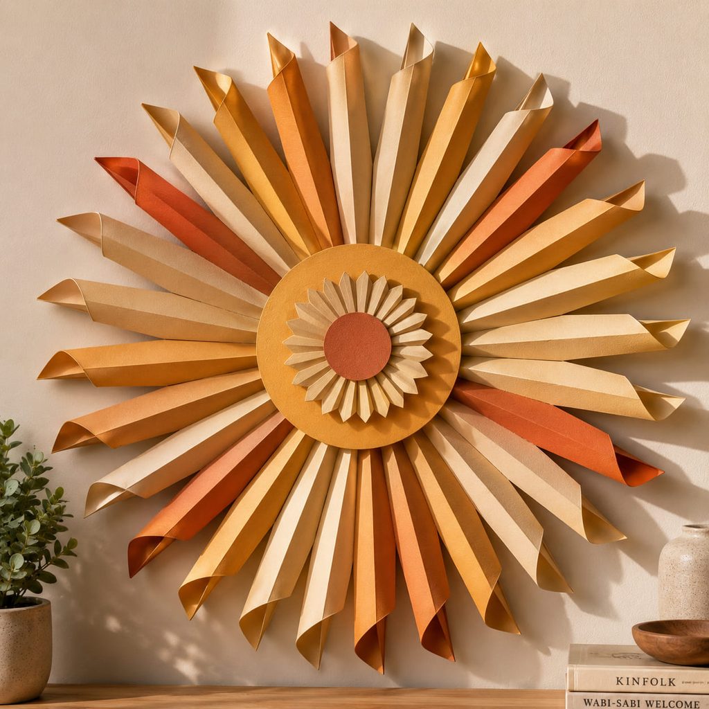 Paper sunburst wall relief with curled tapered rays casting narrow shadows.