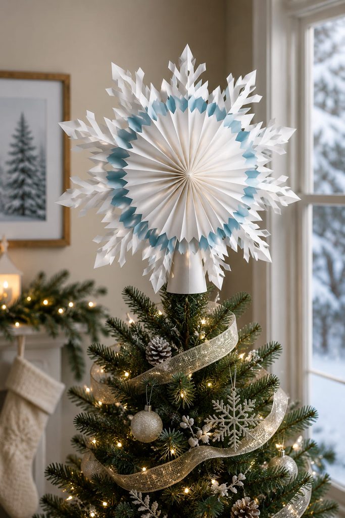 Pleated paper rosette snowflake used as a lightweight tree topper on an evergreen.