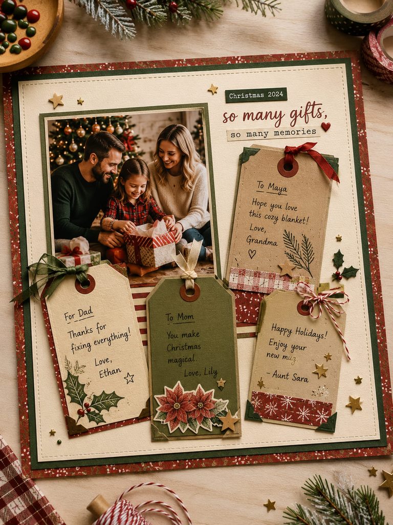 Saved handwritten gift tags arranged beside a Christmas gift-opening photo in a scrapbook layout.