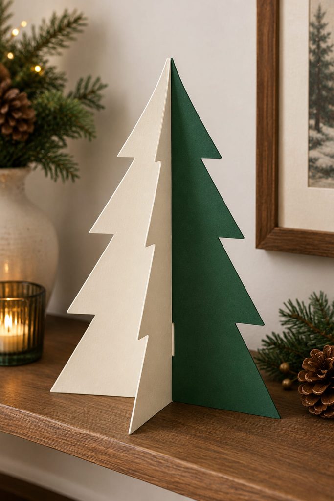 Slot-fit cardstock Christmas tree sculpture made from two intersecting tree panels.