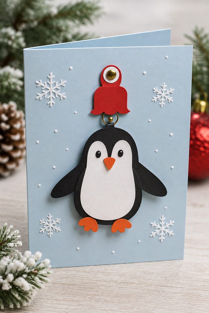 Paper penguin ornament attached to a Christmas card with a small swinging pivot.