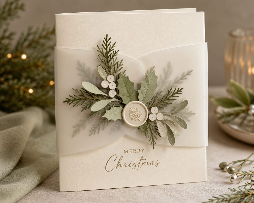 Christmas card wrapped with a translucent vellum sleeve and delicate paper botanical cluster.