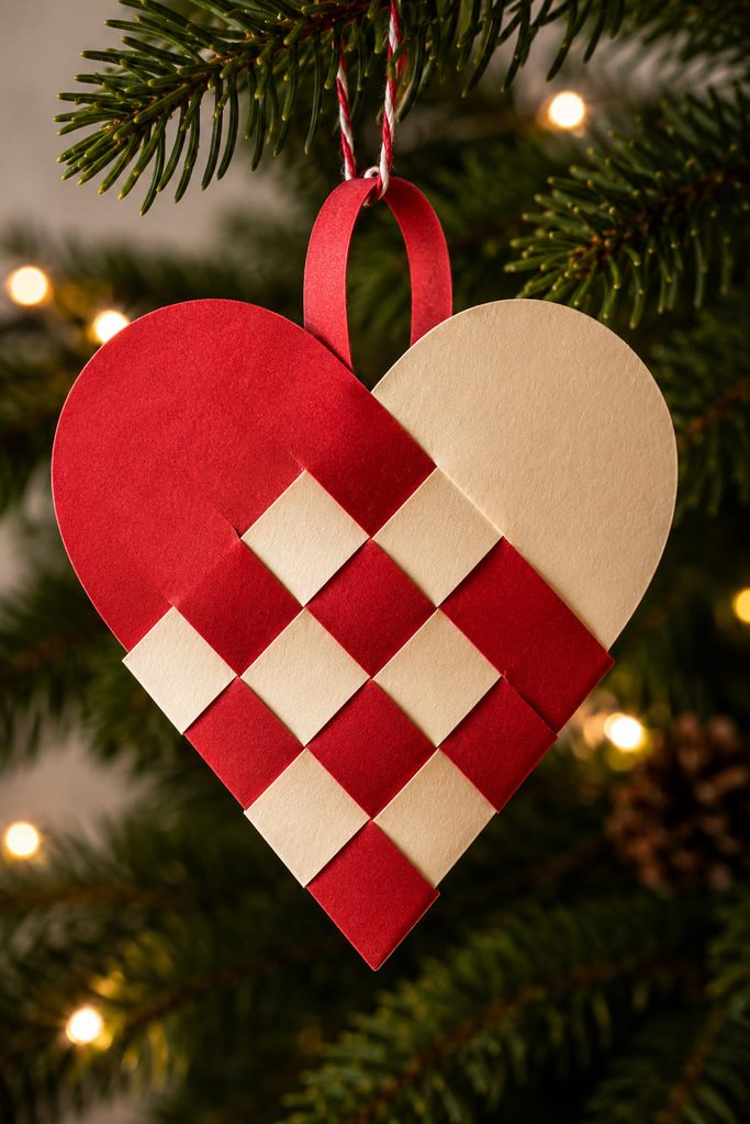 Red and cream woven paper heart ornament with an interlocking checker pattern.