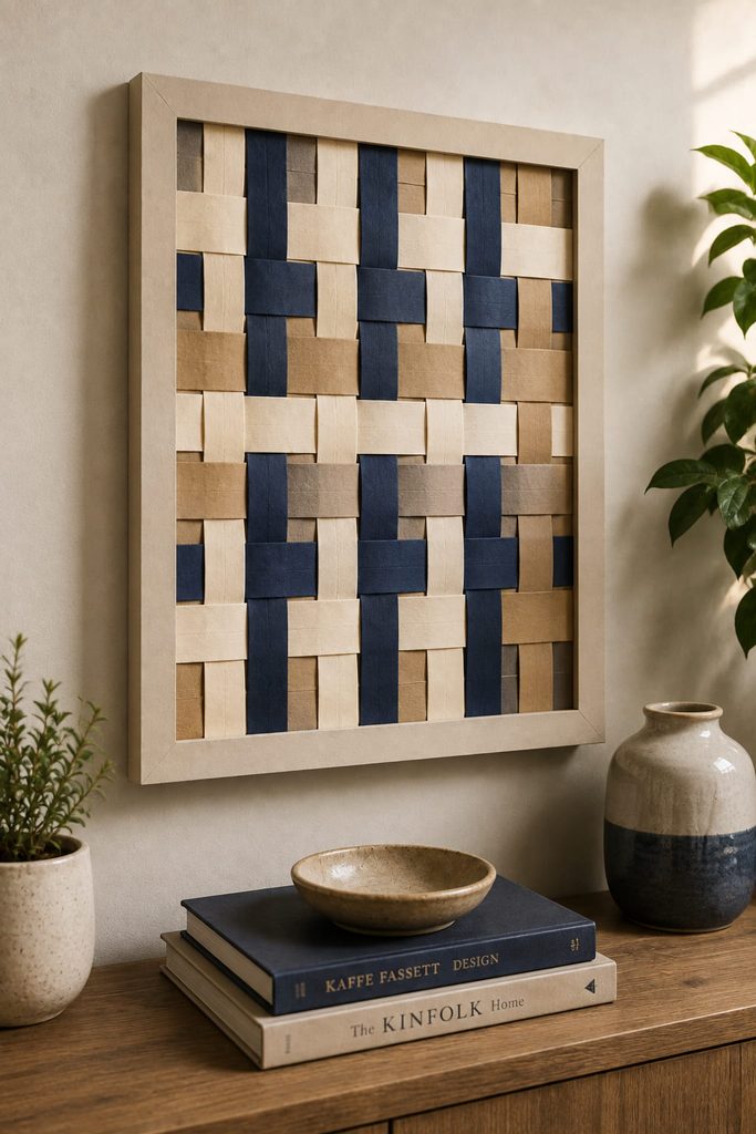 Framed over-under woven paper strip panel with visible interlocking rows.