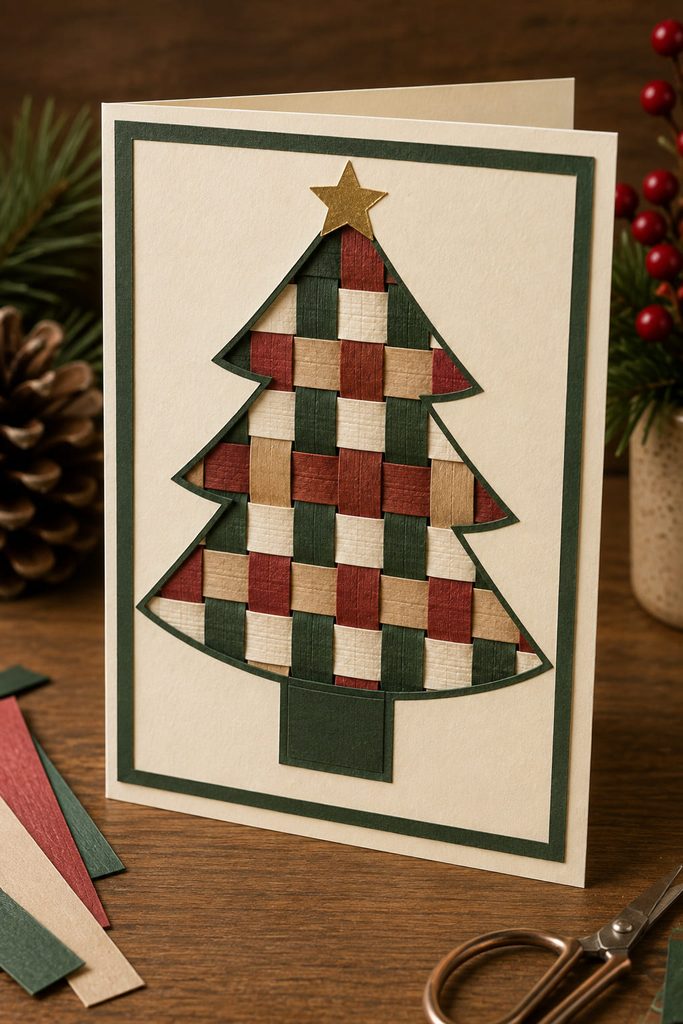 Christmas tree card made from true over-under woven paper strips in a plaid-inspired holiday palette.