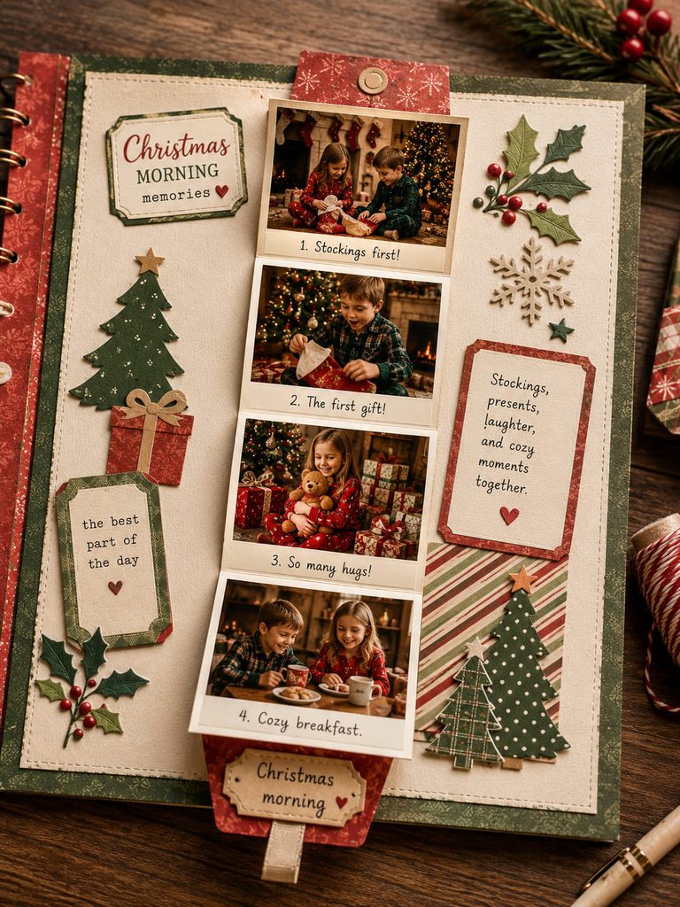 Accordion-fold photo strip opening across a Christmas scrapbook page with sequential morning snapshots.