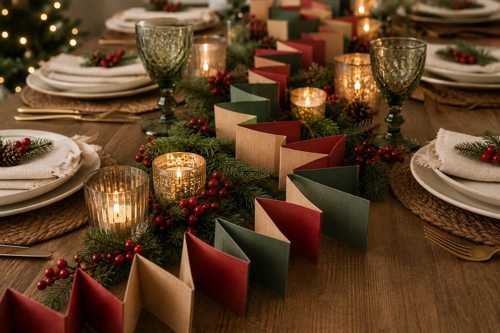 Folded accordion paper chain running down the center of a Christmas dining table.