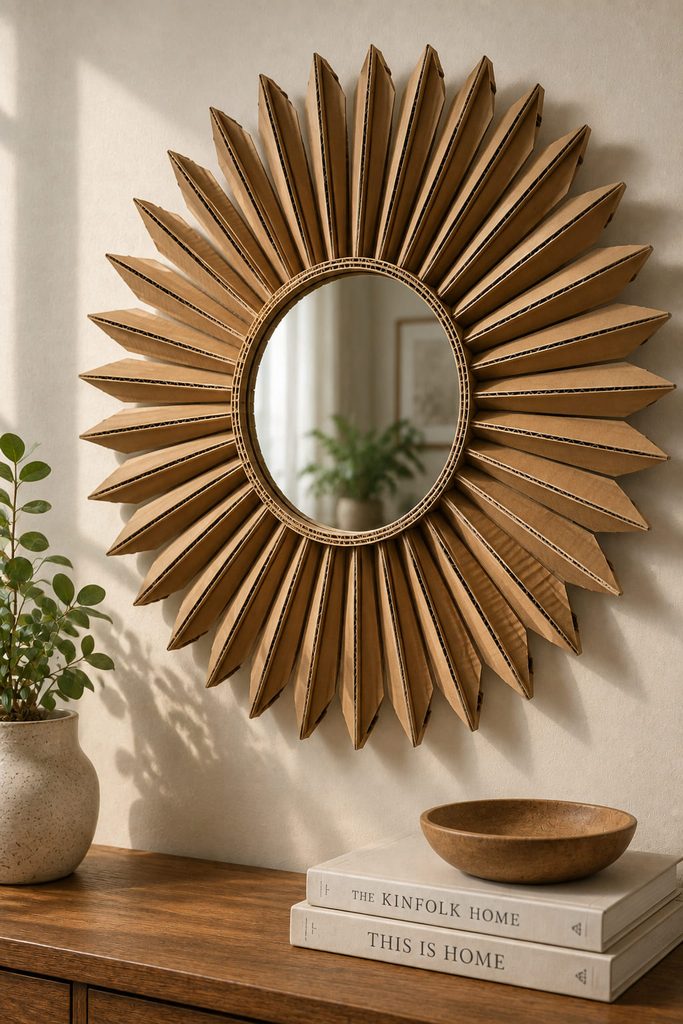 Sunburst mirror framed with evenly spaced folded cardboard fins around a reinforced center ring.