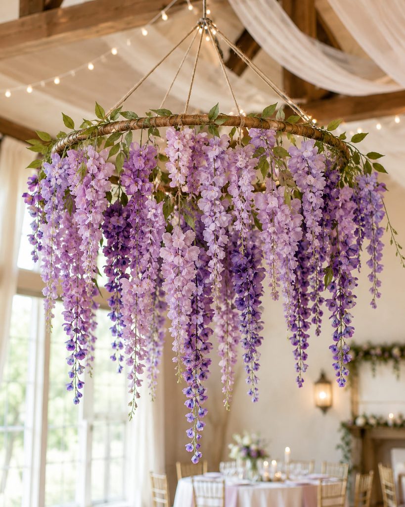 Cascading lavender crepe paper wisteria hanging from a balanced circular hoop.