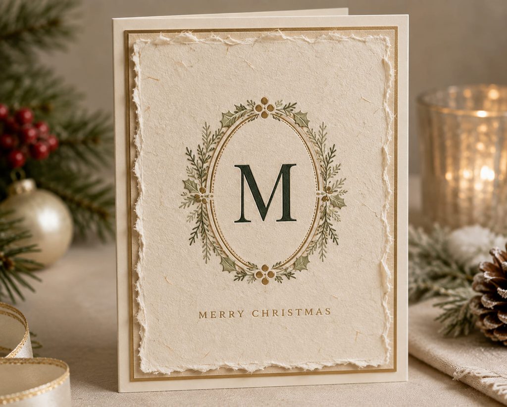 Deckle-edge handmade paper Christmas card with a centered monogram and restrained gold border.