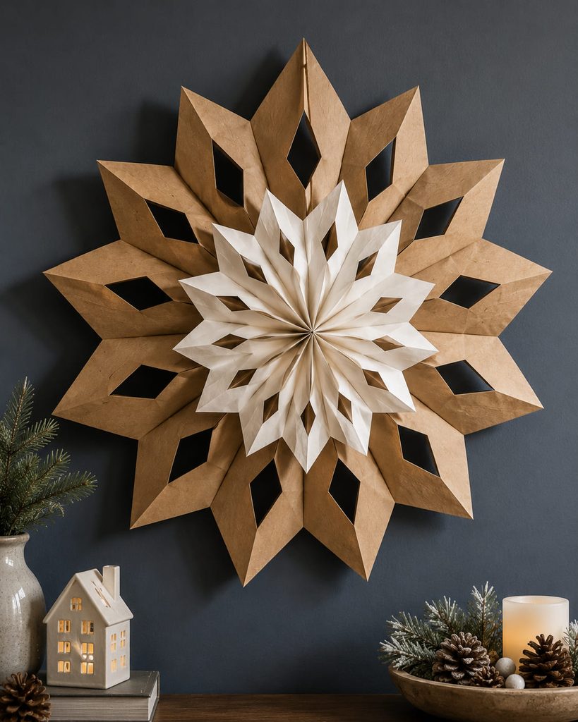 Offset kraft and white snowflake rosettes layered with a visible shadow gap on a dark wall.