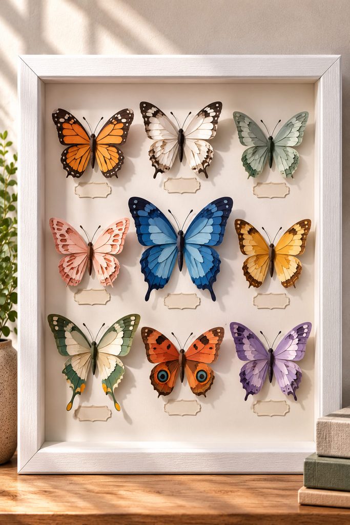 Framed paper butterflies with raised wings and soft shadows above individual backing shapes.