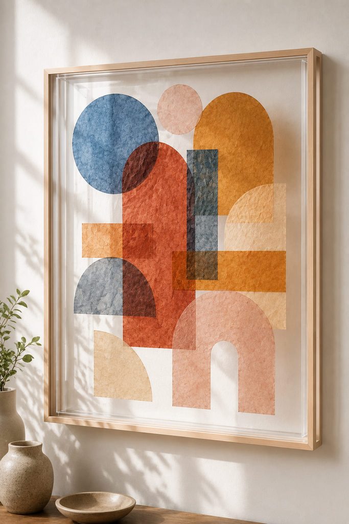 Transparent float frame with overlapping geometric tissue shapes and clear negative space around them.
