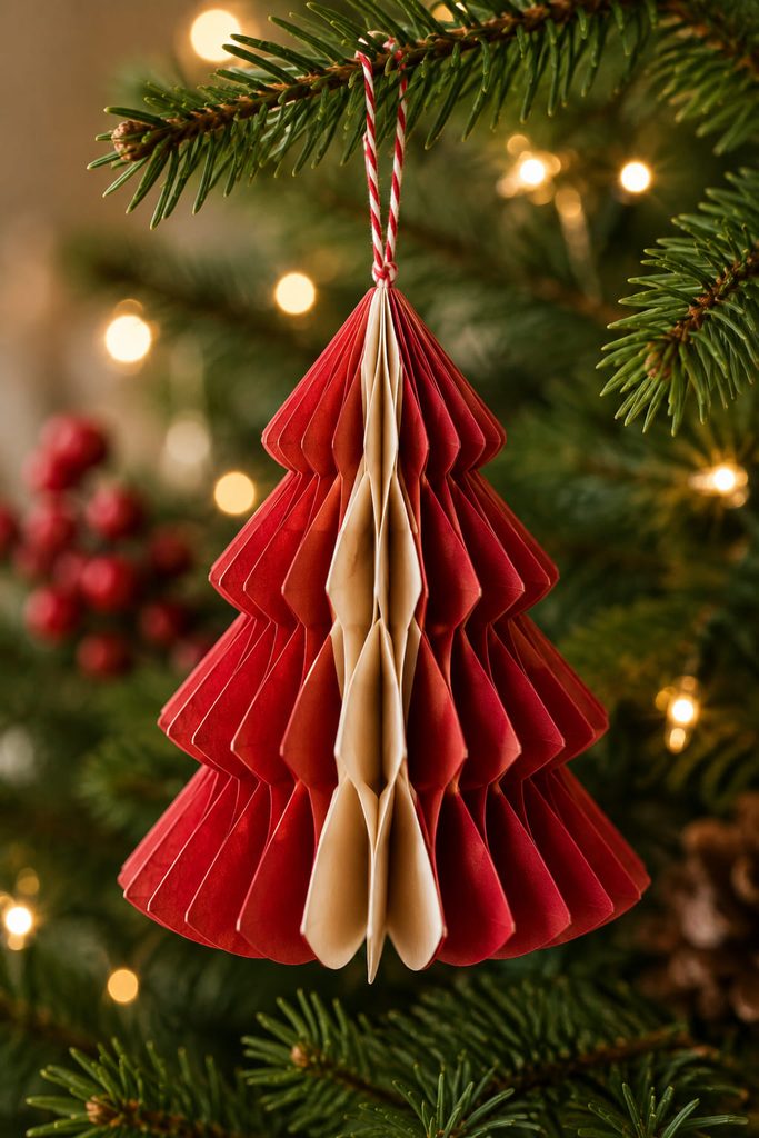 Red and cream honeycomb paper Christmas tree ornament hanging from an evergreen branch.