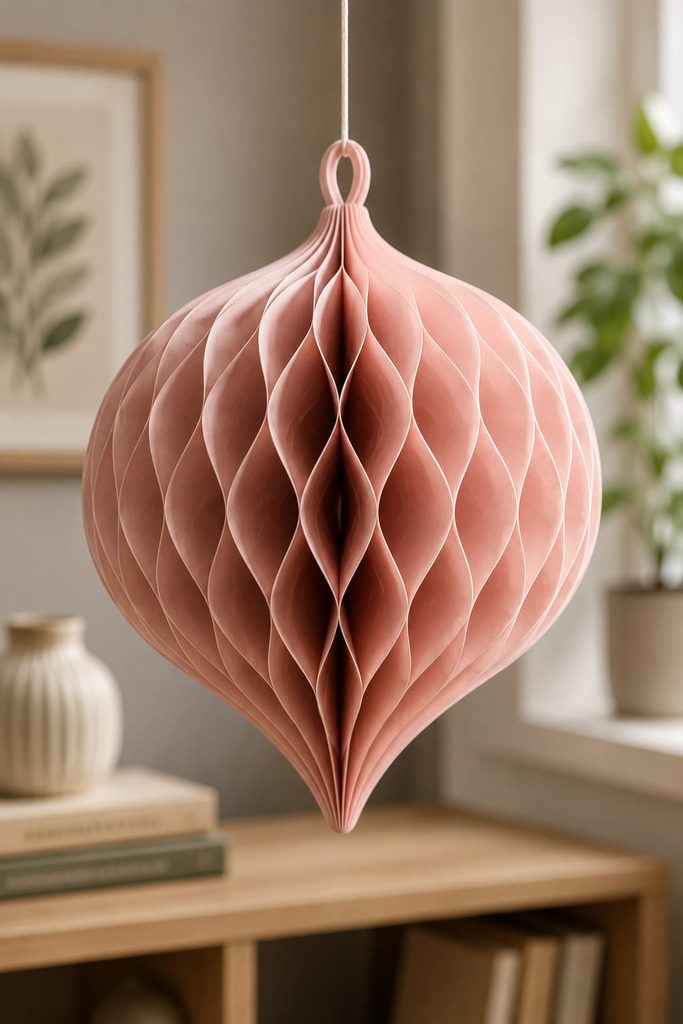 Expanded honeycomb paper ornament with layered cells forming a dimensional hanging pendant.