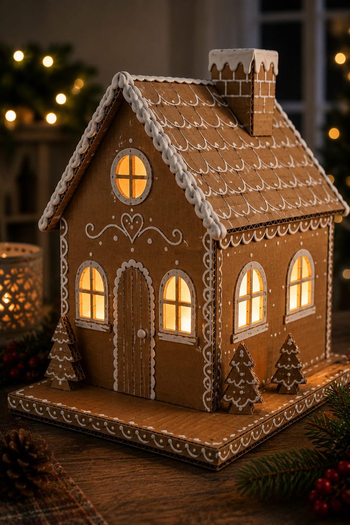 Cardboard gingerbread house luminary glowing through translucent window panels on a stable base.