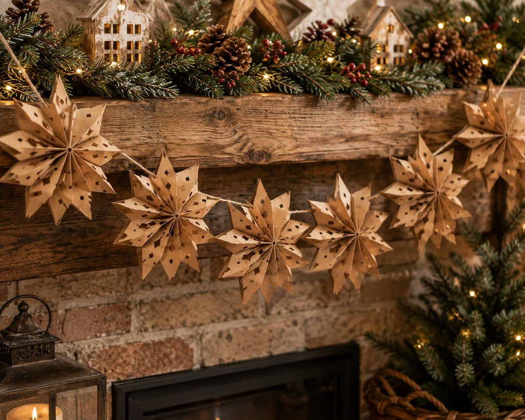 Mini kraft paper bag stars opened into a rustic Christmas mantel garland.