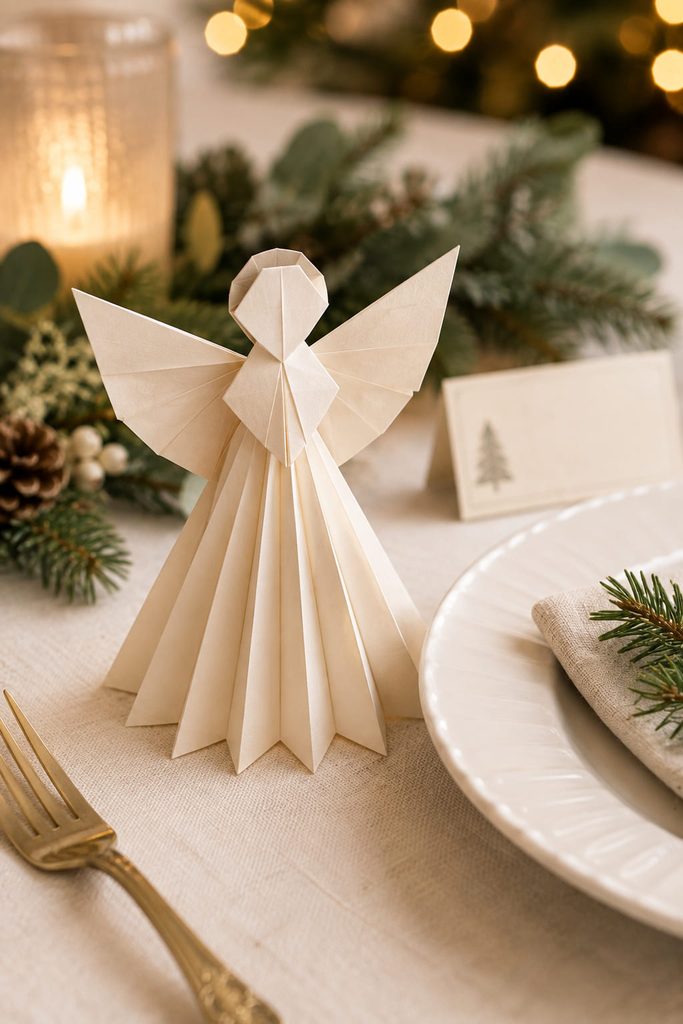 Ivory origami angel standing beside a simple Christmas dinner place setting.