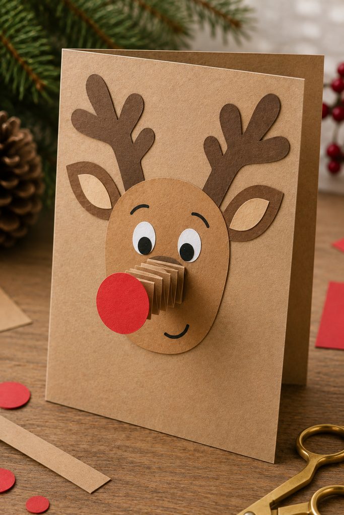 Reindeer Christmas card with a red paper nose mounted on a folded accordion spring.