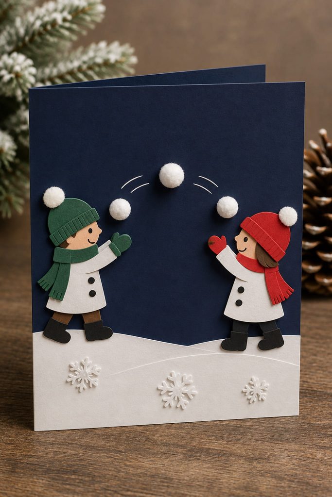 Navy Christmas card with paper characters tossing tiny white pom-pom snowballs.