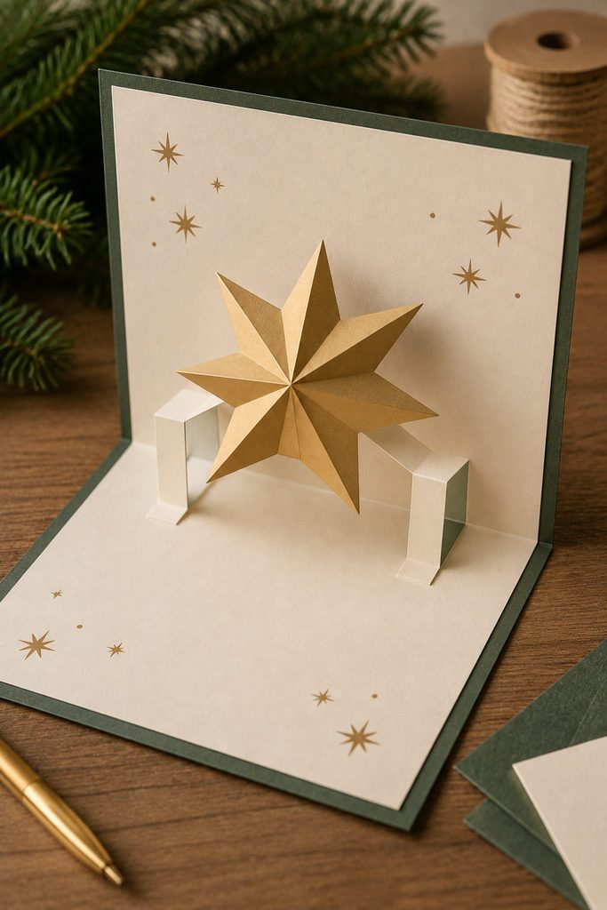 Open greeting card with a paper star raised above the center fold on paper hinges.