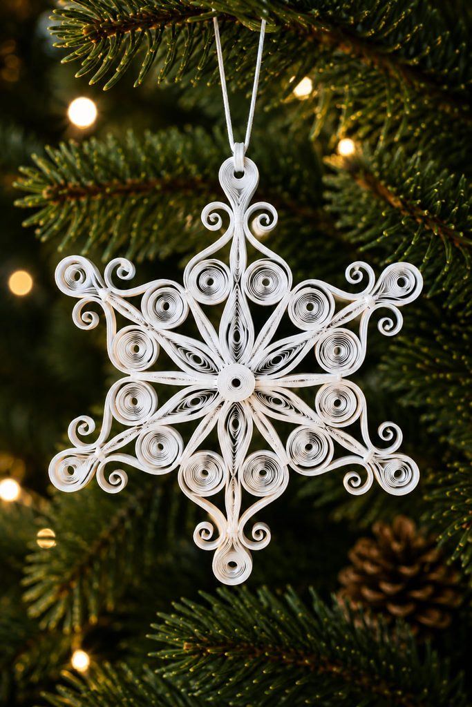 White quilled paper snowflake ornament with curled coils and an open lace-like structure.