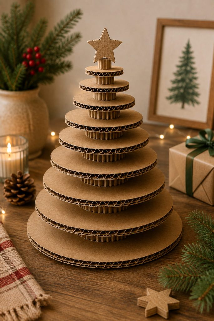 Stacked corrugated cardboard disks forming a tiered tabletop Christmas tree.