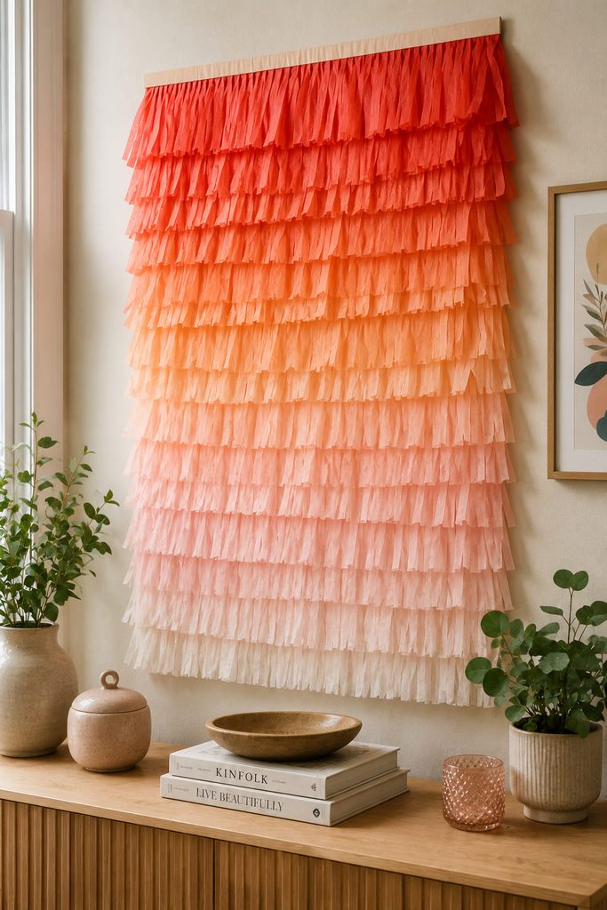 Layered tissue-paper fringe wall decoration fading from coral to pale blush.