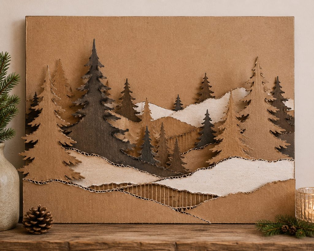 Layered winter forest wall panel with torn corrugated cardboard edges and simple tree silhouettes.